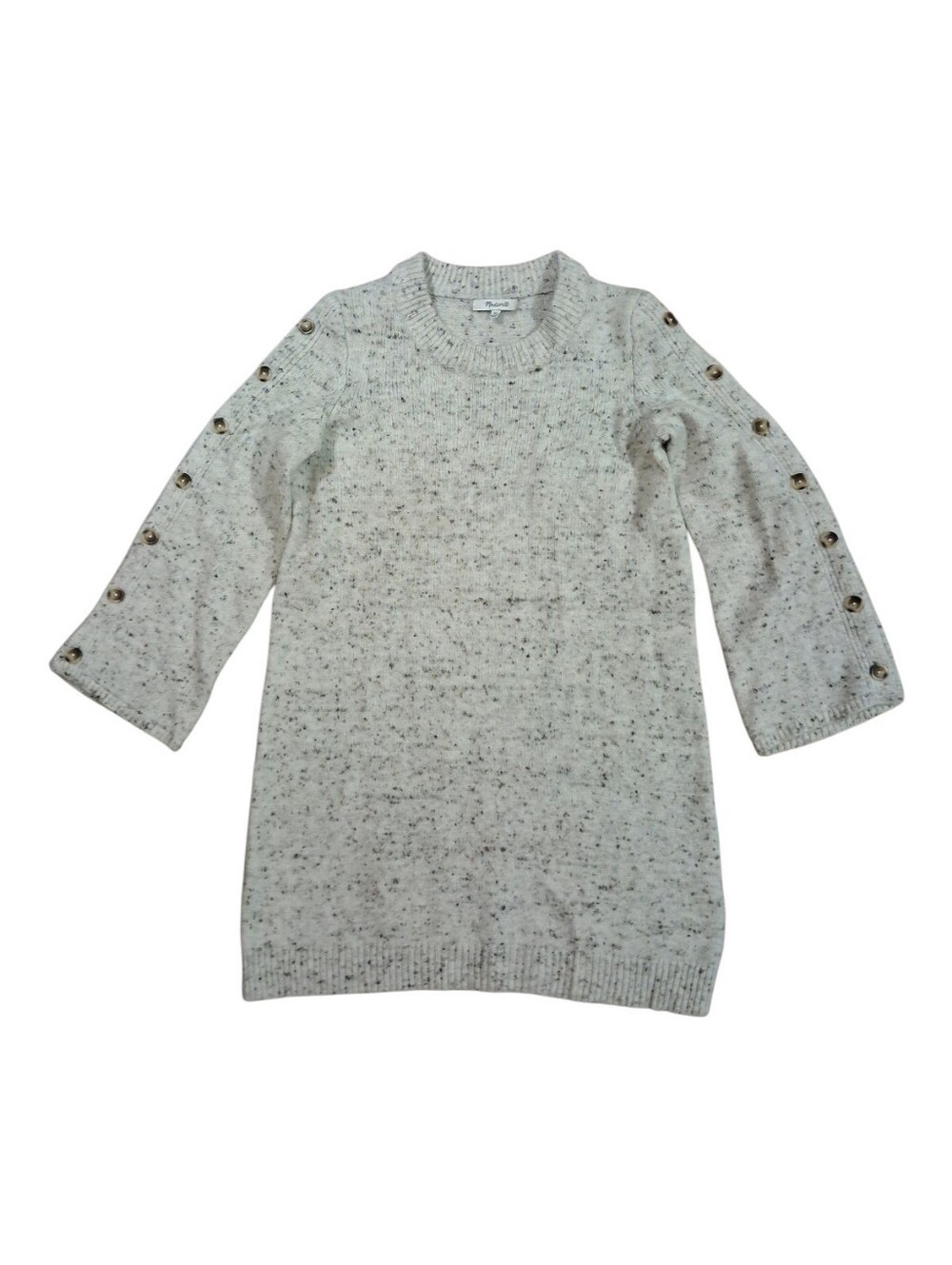 Madewell Cream Speckled Crewneck Sweater with Button-Trim Sleeves